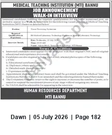 Newspaper clipping: MTI Bannu Job Announcement — Walk-In Interview, Dawn, 05 Jul 2026