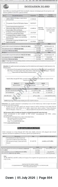 Newspaper clipping: Invitation to Bid — Sealed Bids through SAP (Multiple Packages), Dawn, 05 Jul 2026