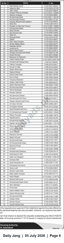 Newspaper clipping: Islamabad Housing Authority Notice — Allottees Listed for Non-Payment in Housing Scheme F-14/15, Jang, 05 Jul 2026