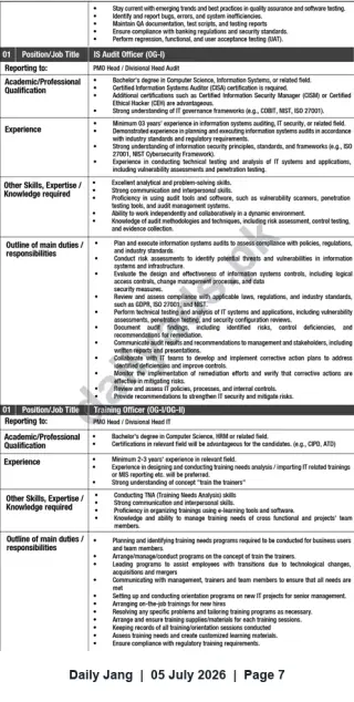 Newspaper clipping: IS Audit Officer (OG-I) and Training Officer (OG-I/OG-II) — IT Audit & Training Vacancies, Jang, 05 Jul 2026