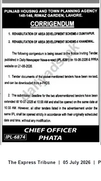 Newspaper clipping: PHATA Corrigendum: Rehabilitation Tenders for Dunyapur and Khanewal – Deadline 10 July 2025, The Express Tribune, 05 Jul 2026