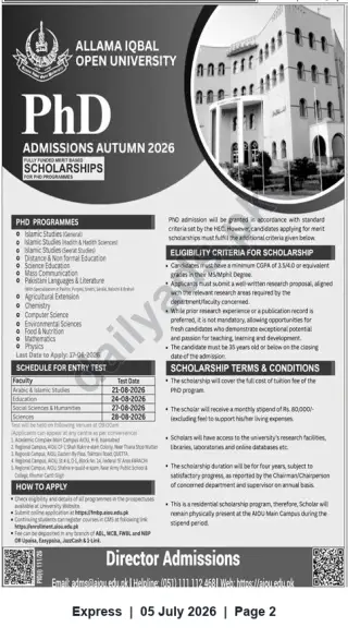 Newspaper clipping: Allama Iqbal Open University PhD Admissions Autumn 2026 – Scholarships Available, Express, 05 Jul 2026