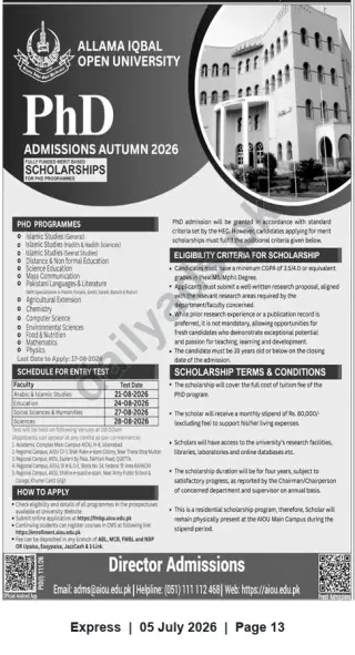 Newspaper clipping: Allama Iqbal Open University PhD Admissions Autumn 2026 — Fully Funded Scholarships, Express, 05 Jul 2026