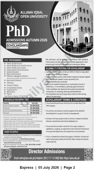 Newspaper clipping: Allama Iqbal Open University PhD Admissions Autumn 2026 — Fully Funded Scholarships, Express, 05 Jul 2026