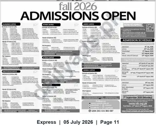 Newspaper clipping: COMSATS University — Fall 2026 Admissions Open (BS, MS, PhD) — Multiple Campuses, Express, 05 Jul 2026