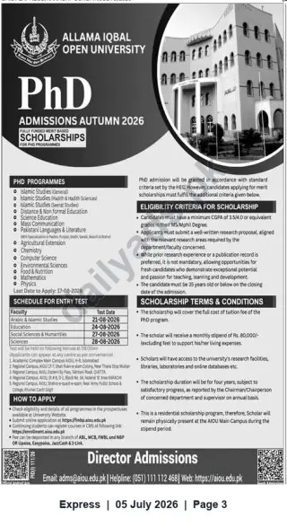Newspaper clipping: Allama Iqbal Open University (AIOU) PhD Admissions Autumn 2026 — Fully Funded Scholarships, Express, 05 Jul 2026