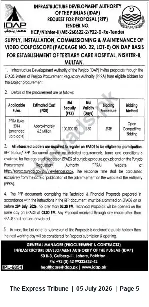 Newspaper clipping: Tender: Supply, Installation & Maintenance of Video Colposcope (Package No.22, Lot-E) for Nishtar-II Multan, The Express Tribune, 05 Jul 2026
