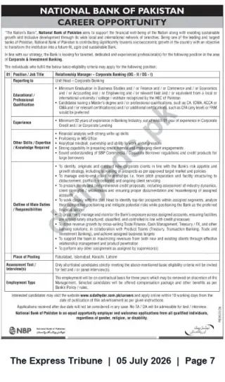 Newspaper clipping: National Bank of Pakistan – Relationship Manager (Corporate Banking), The Express Tribune, 05 Jul 2026