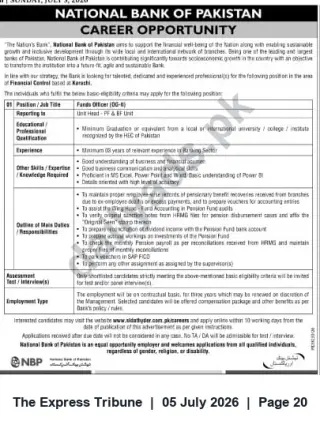 Newspaper clipping: National Bank of Pakistan — Funds Officer (OG-II) Vacancy, The Express Tribune, 05 Jul 2026