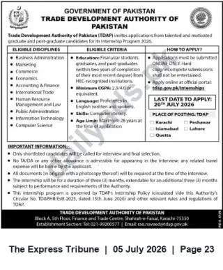 Newspaper clipping: TDAP Internship Program 2026 – Paid Internship for Final-Year, Graduate & Postgraduate Candidates, The Express Tribune, 05 Jul 2026