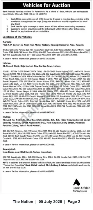 Newspaper clipping: Bank Alfalah Vehicles Auction — Inspections 06–07 July 2026, Bids Due 2026-07-08, The Nation, 05 Jul 2026