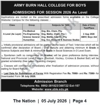 Newspaper clipping: Army Burn Hall College for Boys — A-Level Admissions 2026 (Abbottabad), The Nation, 05 Jul 2026