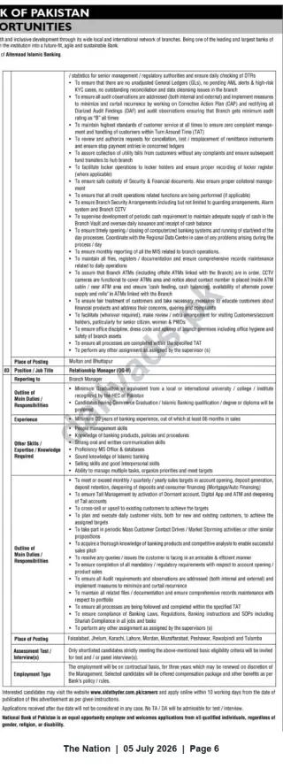 Newspaper clipping: National Bank of Pakistan – Relationship Manager (OG-II) Vacancies (Multiple Cities), The Nation, 05 Jul 2026