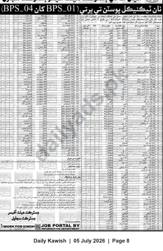 Newspaper clipping: Non-Technical Vacancies (BPS-01 to BPS-04) — District Health Office, Sujawal, Sindh, Daily Kawish, 05 Jul 2026
