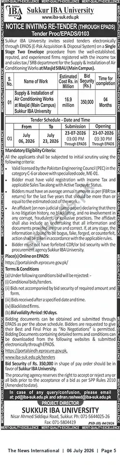 Newspaper clipping: Sukkur IBA University Re-Tender: Supply & Installation of Air Conditioning for Masjid (Main Campus), The News International, 06 Jul 2026