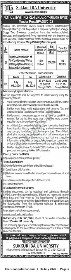 Newspaper clipping: Sukkur IBA University Tender: Supply & Installation of Air Conditioning Works at Main Campus (Proc/EPADS/0103), The News International, 06 Jul 2026