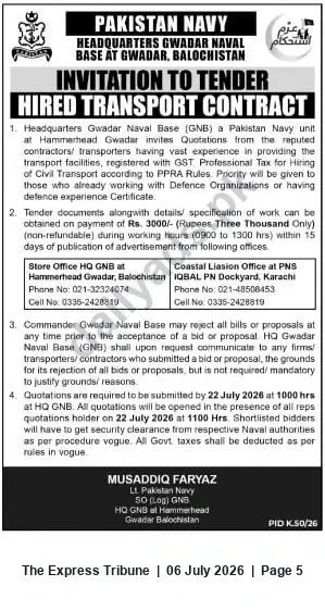 Newspaper clipping: Pakistan Navy HQ Gwadar: Tender for Hired Civil Transport Contract, The Express Tribune, 06 Jul 2026