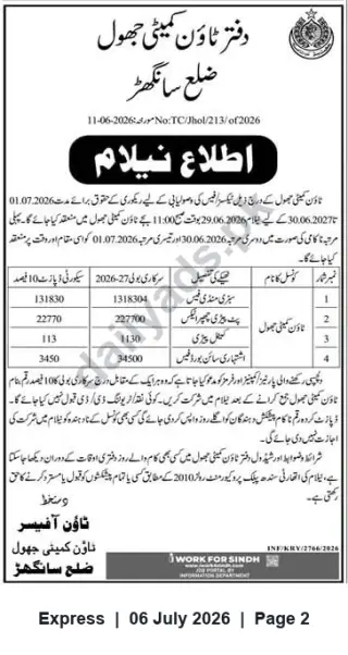 Newspaper clipping: Town Committee Jhol (Sanghar) Auction Notice for Leases — 2026-27, Express, 06 Jul 2026