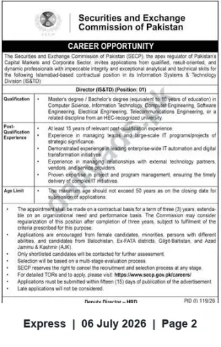 Newspaper clipping: SECP Seeks Director, Information Systems & Technology (Islamabad) — 3-Year Contract, Express, 06 Jul 2026