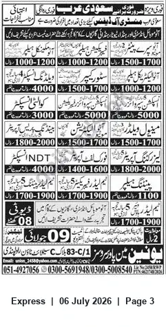 Newspaper clipping: Saudi Arabia Jobs — Automotive & Manufacturing Vacancies (Interviews in Rawalpindi), Express, 06 Jul 2026