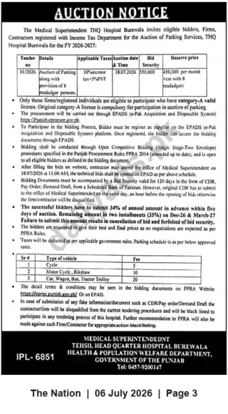 Newspaper clipping: Auction Notice: THQ Hospital Burewala Parking Services (FY 2026-2027), The Nation, 06 Jul 2026