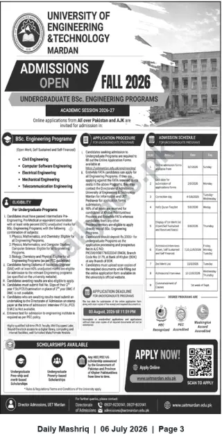 Newspaper clipping: UET Mardan – Admissions Open Fall 2026 | BSc Engineering Programs, Daily Mashriq, 06 Jul 2026