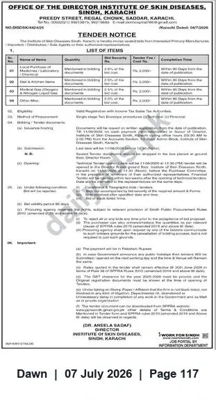 Newspaper clipping: Tender Notice — Institute of Skin Diseases, Sindh (Karachi) — Supply Contracts, Dawn, 07 Jul 2026