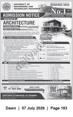 Newspaper clipping: UET Peshawar Admission Notice: Bachelor of Architecture (2026), Dawn, 07 Jul 2026