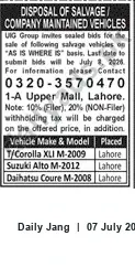 Newspaper clipping: UIG Group Invites Sealed Bids for Sale of Salvage Company-Maintained Vehicles — Deadline 8 July 2026, Jang, 07 Jul 2026