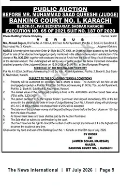 Newspaper clipping: Public Auction: Flat A1-303, Al-Art Apartment, Nazimabad No.3 — Banking Court No.1 Karachi, The News International, 07 Jul 2026