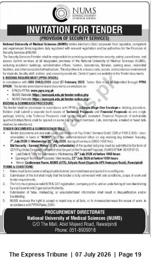 Newspaper clipping: NUMS Tender: Provision of Security Services, The Express Tribune, 07 Jul 2026