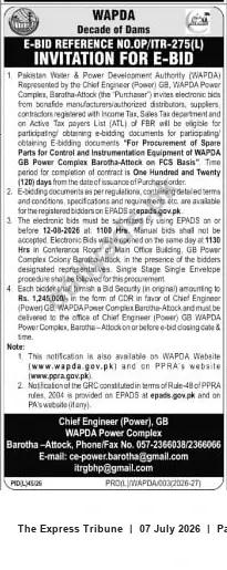 Newspaper clipping: WAPDA E-Bid: Spare Parts for Control & Instrumentation — GB Power Complex Barotha-Attock (Ref: OP/ITR-275(L)), The Express Tribune, 07 Jul 2026