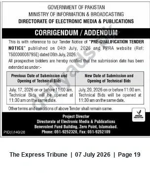 Newspaper clipping: Corrigendum: Pre-Qualification Tender Deadline Extended to 20 July 2026, The Express Tribune, 07 Jul 2026