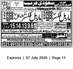 Newspaper clipping: Urgent Hiring for Makkah Haram Project (Mehboob Enterprises), Express, 07 Jul 2026