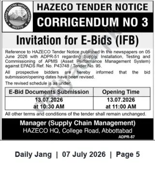 Newspaper clipping: HAZECO Corrigendum No. 3 – Revised E-Bid Dates for APMS Tender (Tender No. 95), Jang, 07 Jul 2026