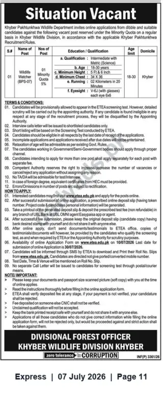 Newspaper clipping: Wildlife Watcher (BPS-07) – Khyber Wildlife Division (Minority Quota), Express, 07 Jul 2026