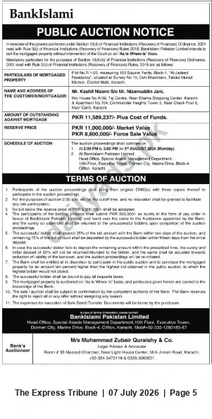 Newspaper clipping: BankIslami Public Auction — Plot (160 sq. yd.), Karachi, The Express Tribune, 07 Jul 2026