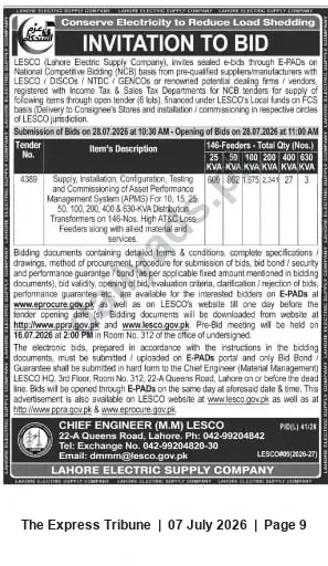 Newspaper clipping: LESCO Tender: APMS Supply, Installation & Commissioning for 146 Feeders – bids due 2026-07-28, The Express Tribune, 07 Jul 2026