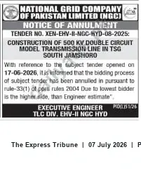 Newspaper clipping: NGC Tender XEN-EHV-II-NGC-HYD-08-2025 Annulled for 500 kV Transmission Line (South Jamshoro), The Express Tribune, 07 Jul 2026