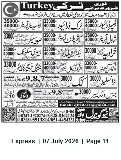 Newspaper clipping: Jobs in Turkey — Multiple Vacancies for Drivers, Operators and Laborers, Express, 07 Jul 2026