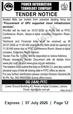 Newspaper clipping: Tender: Procurement of GPU-supported Cloud Infrastructure Services — PITC (Lahore), Express, 07 Jul 2026