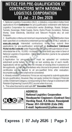 Newspaper clipping: NLC Pre-Qualification Notice for Contractors – Enlistment for Construction Works, Express, 07 Jul 2026