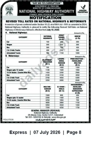 Newspaper clipping: NHA Notification: Revised Toll Rates on National Highways & Motorways Effective 10 July 2026, Express, 07 Jul 2026