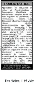 Newspaper clipping: Public Notice: Succession Certificate Application for Shahnaz Begum — Ahmadpur East, The Nation, 07 Jul 2026