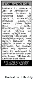 Newspaper clipping: Application for Letter of Administration for Deceased Ghulam Fatima, The Nation, 07 Jul 2026