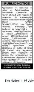 Newspaper clipping: Public Notice: Application for Letter of Administration for Estate of Late Latif Begum, The Nation, 07 Jul 2026