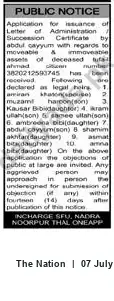 Newspaper clipping: Public Notice: Application for Letter of Administration for Estate of Tufa Ahmad, The Nation, 07 Jul 2026