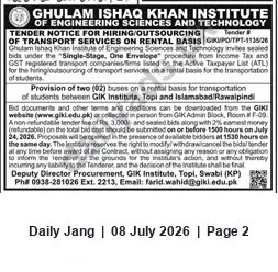 Newspaper clipping: GIK Institute Tender GKPO/TPT-1135/26 – Hire Two Rental Buses for Topi–Islamabad/Rawalpindi, Jang, 08 Jul 2026