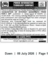 Newspaper clipping: PITC Corrigendum: Tender PDL467/65 for Acquisition of Internet Bandwidth, Dawn, 08 Jul 2026