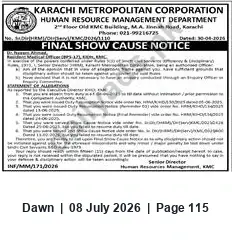 Newspaper clipping: KMC Human Resource Management — Final Show Cause Notice (30 April 2026), Dawn, 08 Jul 2026
